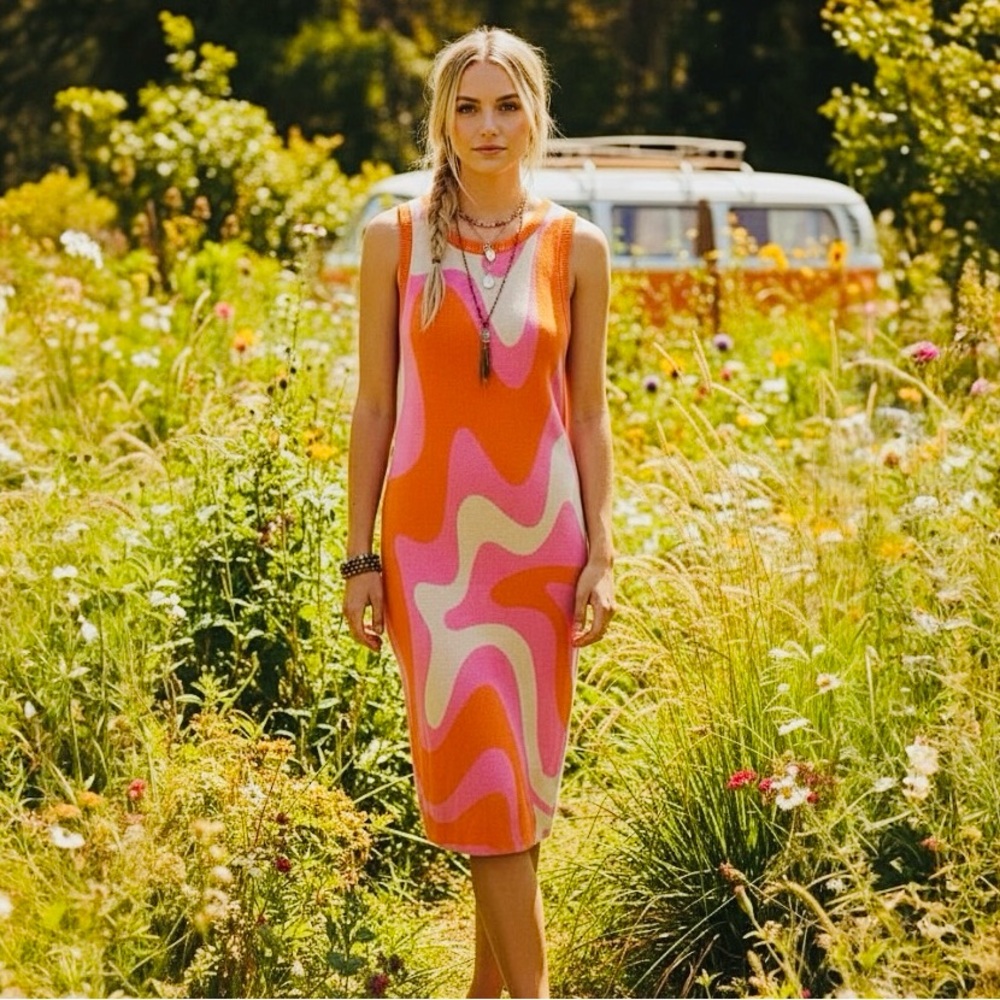 Retro Swirl Knit Midi Dress | Size Medium | Orange Pink